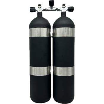 ECS Doppel 12L lang / 232 bar Stahl TG konkav (matt schwarz) mit V4Tec Schellen und Absperrbrücke